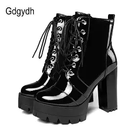 2021 Women's Gothic Short Boots with Thick High Heels, Patent Leather, Round Toe, Lace-up and Zipper