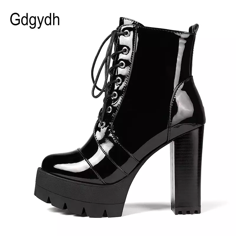 2021 Women's Gothic Short Boots with Thick High Heels, Patent Leather, Round Toe, Lace-up and Zipper