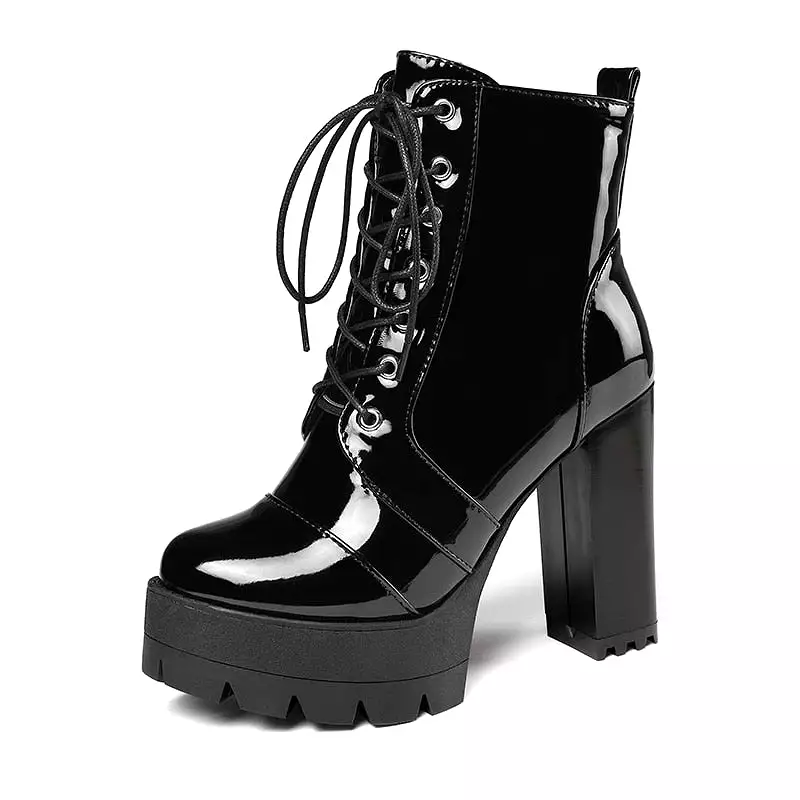 2021 Women's Gothic Short Boots with Thick High Heels, Patent Leather, Round Toe, Lace-up and Zipper