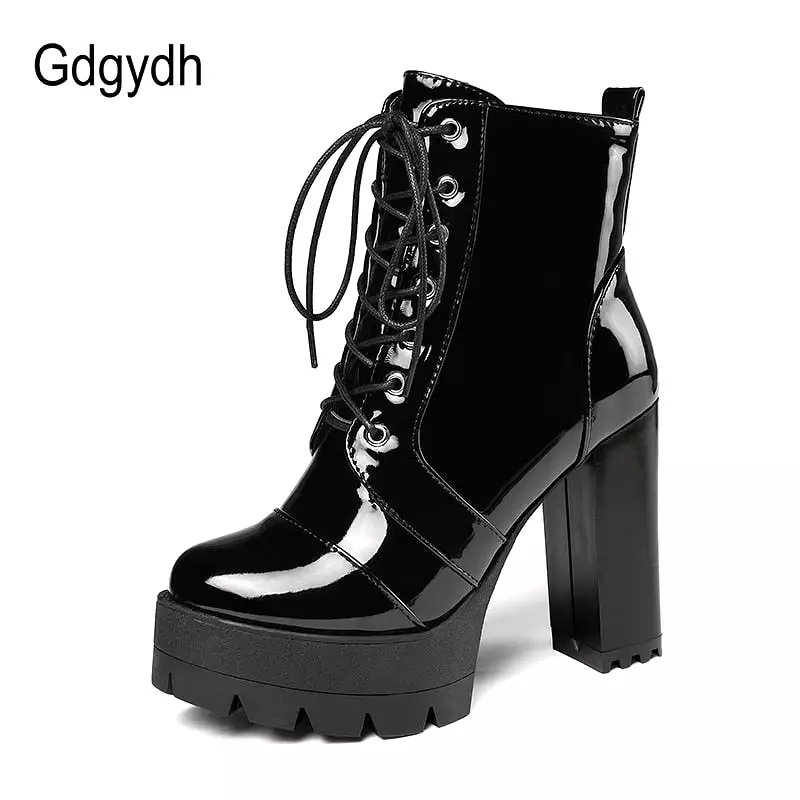 2021 Women's Gothic Short Boots with Thick High Heels, Patent Leather, Round Toe, Lace-up and Zipper