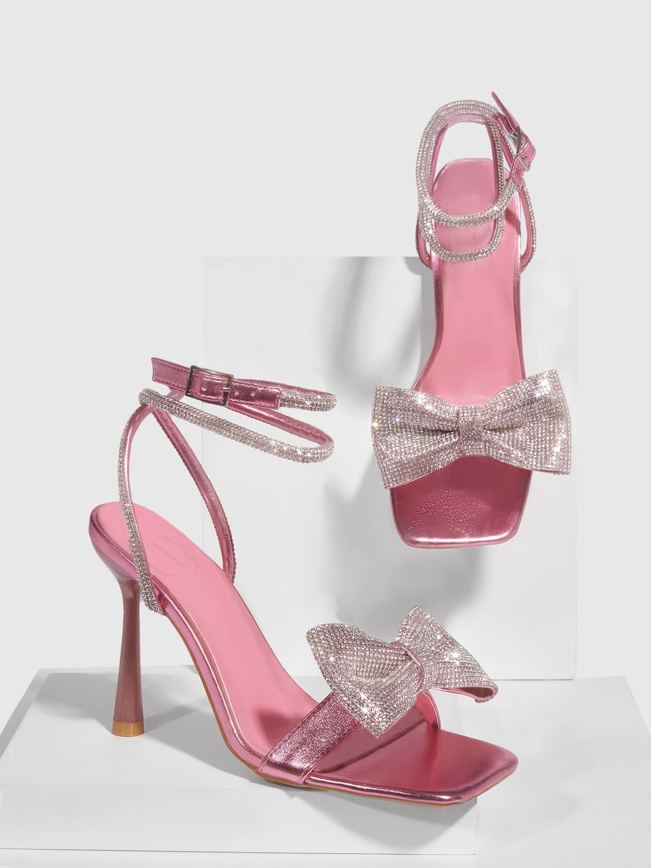 Ankle Strap Sandals with Rhinestone and Bow Decoration