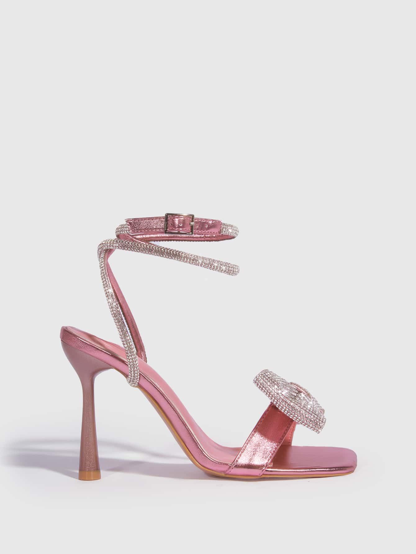 Ankle Strap Sandals with Rhinestone and Bow Decoration