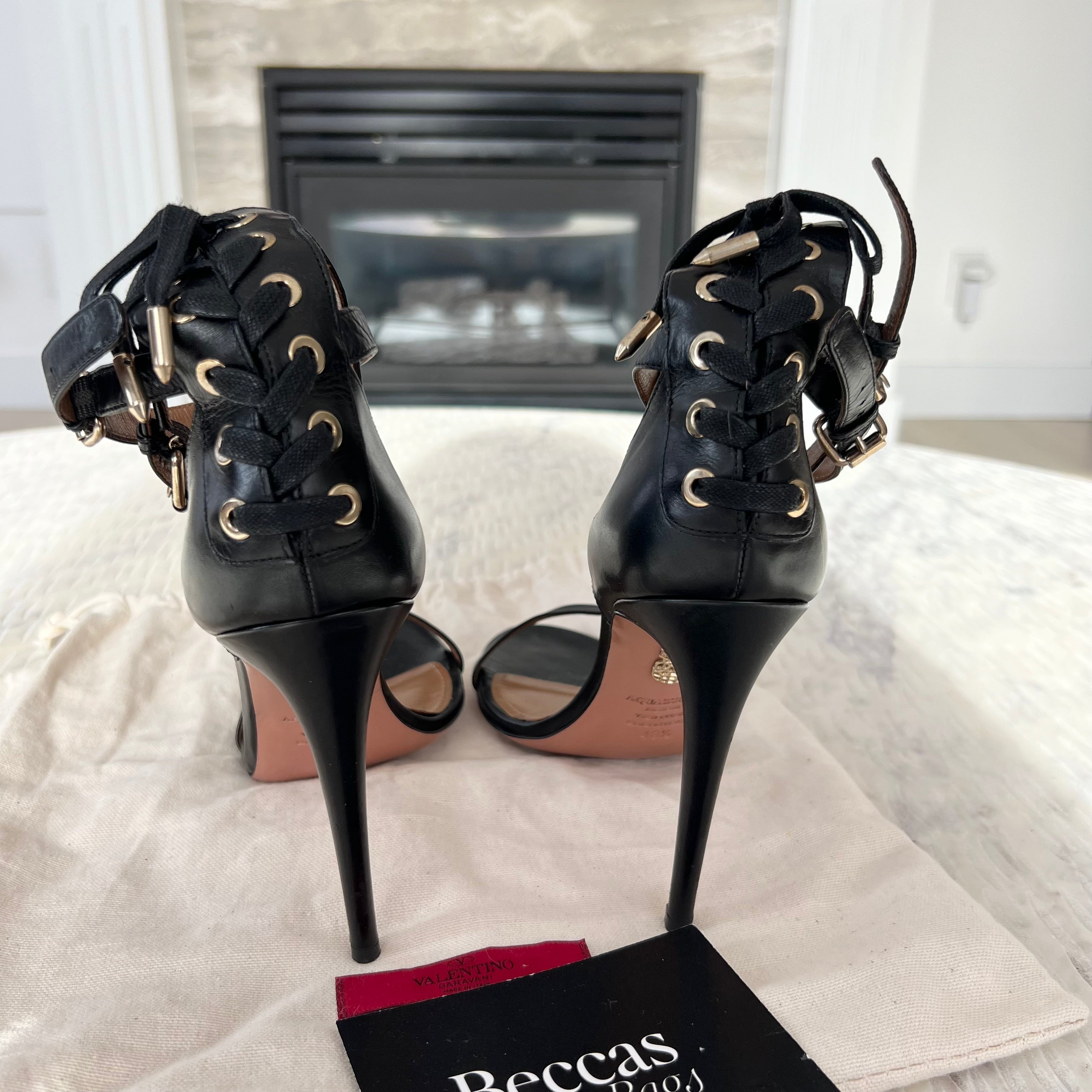 Aquazzura Black Leather Pina Colada Sandals Size 40.5