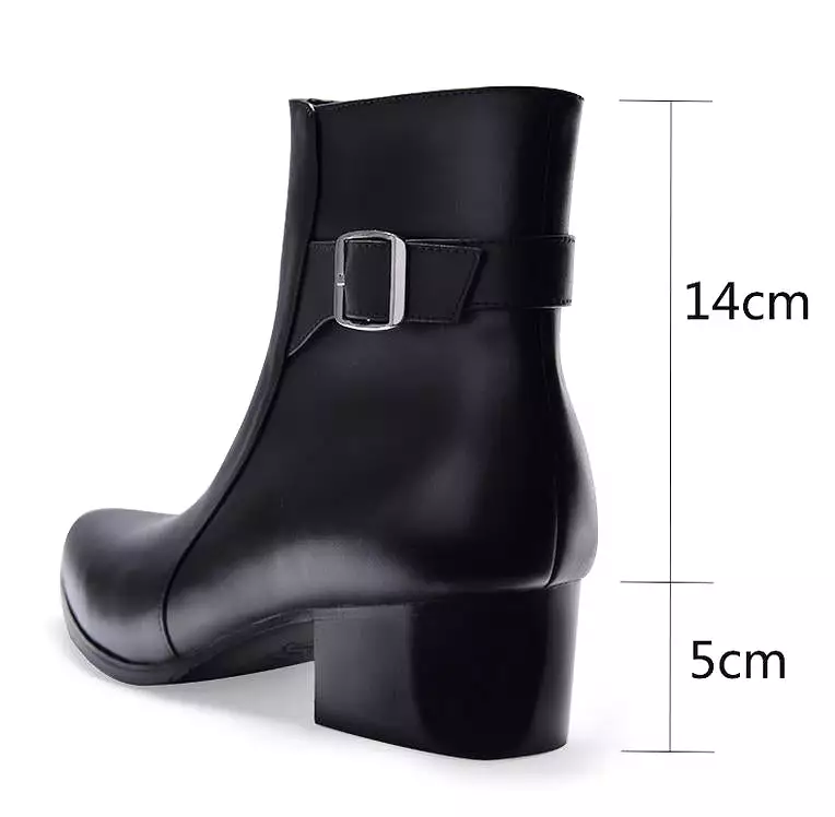 Autumn Winter Men's High Heel Leather Mid Boots, Pointed Toe, Zipper Closure, Trendy Buckle, 5cm Height Increase, Warm Chelsea B