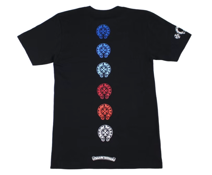 Black Chrome Hearts T-shirt with Multi Color Horse Shoe Design