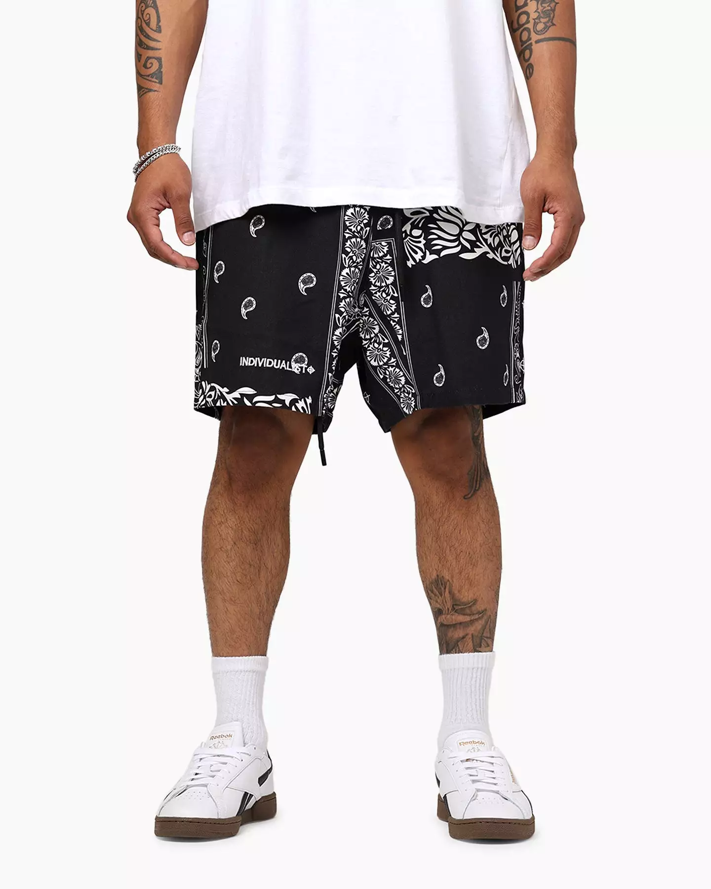 Black Individualist Finger Print Bandana Shorts at Lab