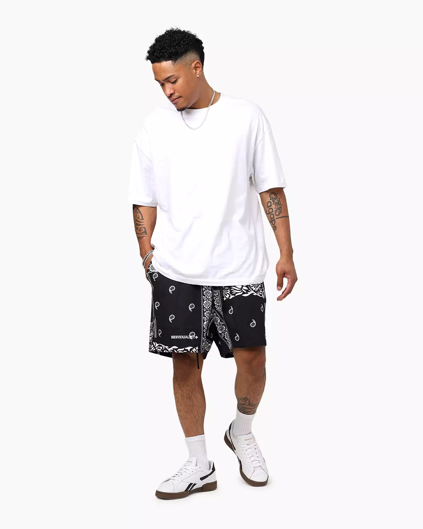 Black Individualist Finger Print Bandana Shorts at Lab