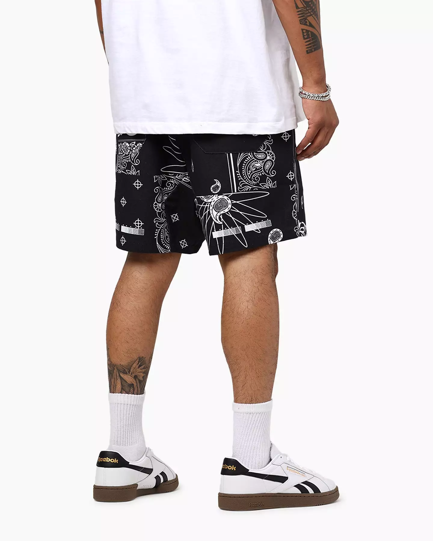 Black Individualist Finger Print Bandana Shorts at Lab