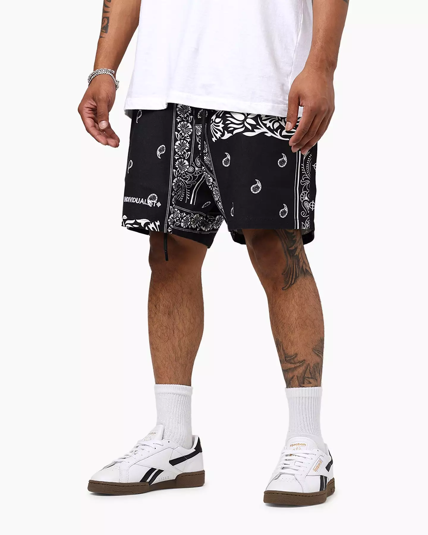 Black Individualist Finger Print Bandana Shorts at Lab