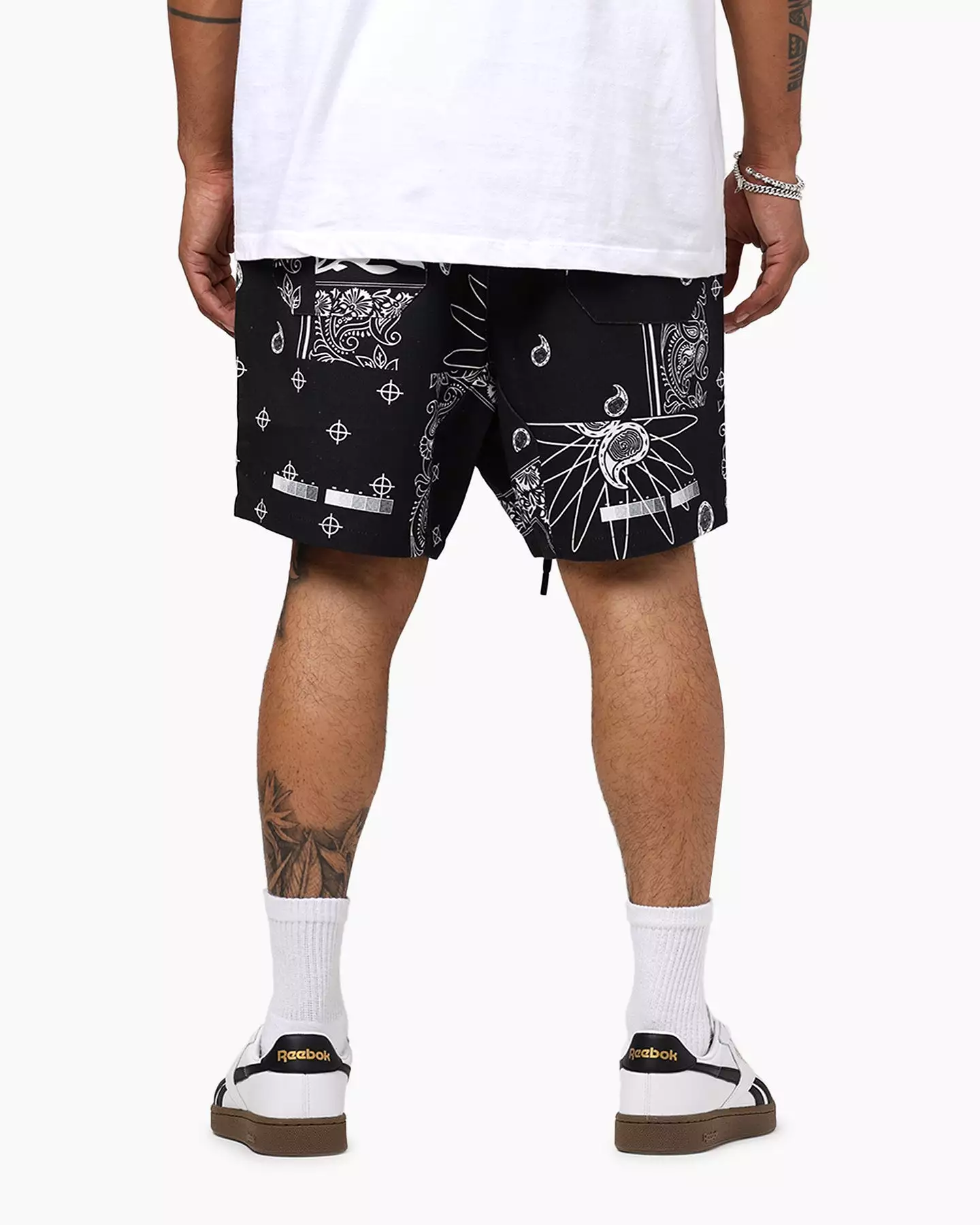 Black Individualist Finger Print Bandana Shorts at Lab