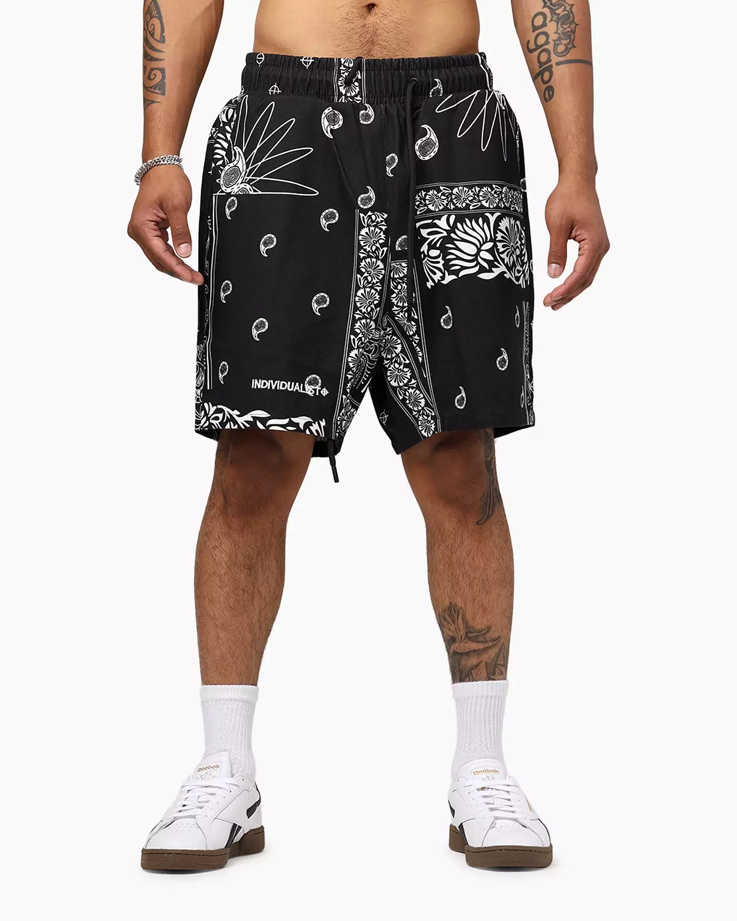 Black Individualist Finger Print Bandana Shorts at Lab