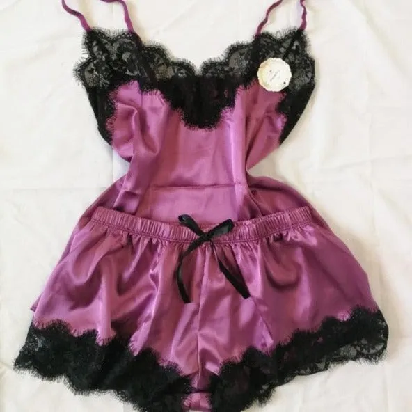 Black Lace V-Neck Nightwear Set Satin Pyjamas