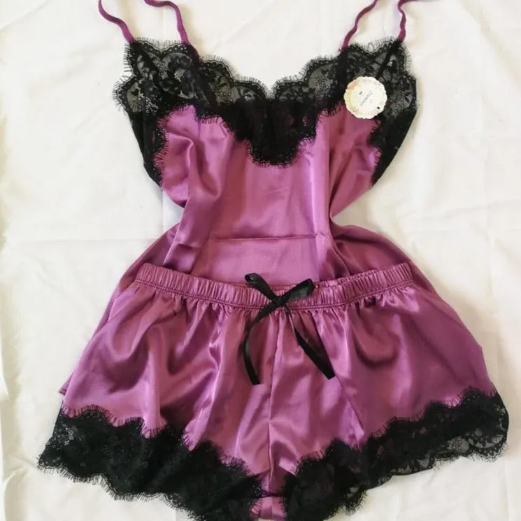 Black Lace V-Neck Nightwear Set Satin Pyjamas