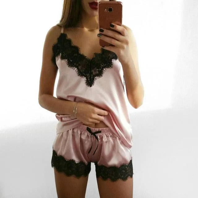 Black Lace V-Neck Nightwear Set Satin Pyjamas