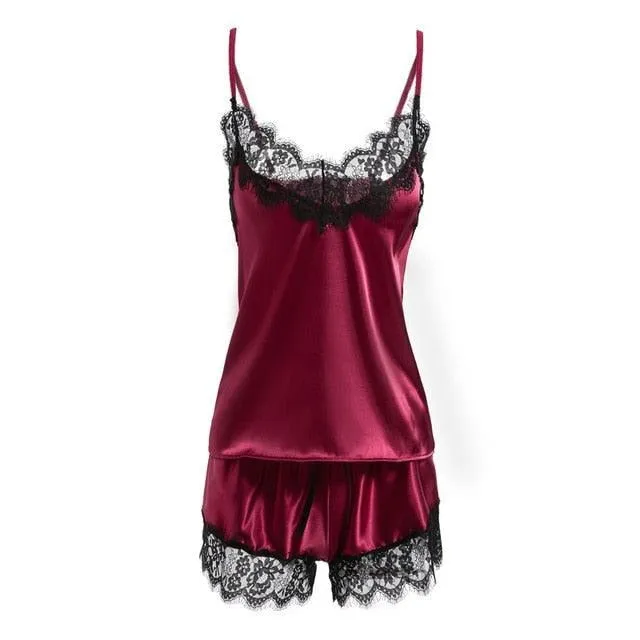 Black Lace V-Neck Nightwear Set Satin Pyjamas