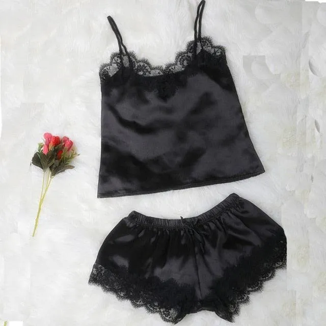 Black Lace V-Neck Nightwear Set Satin Pyjamas