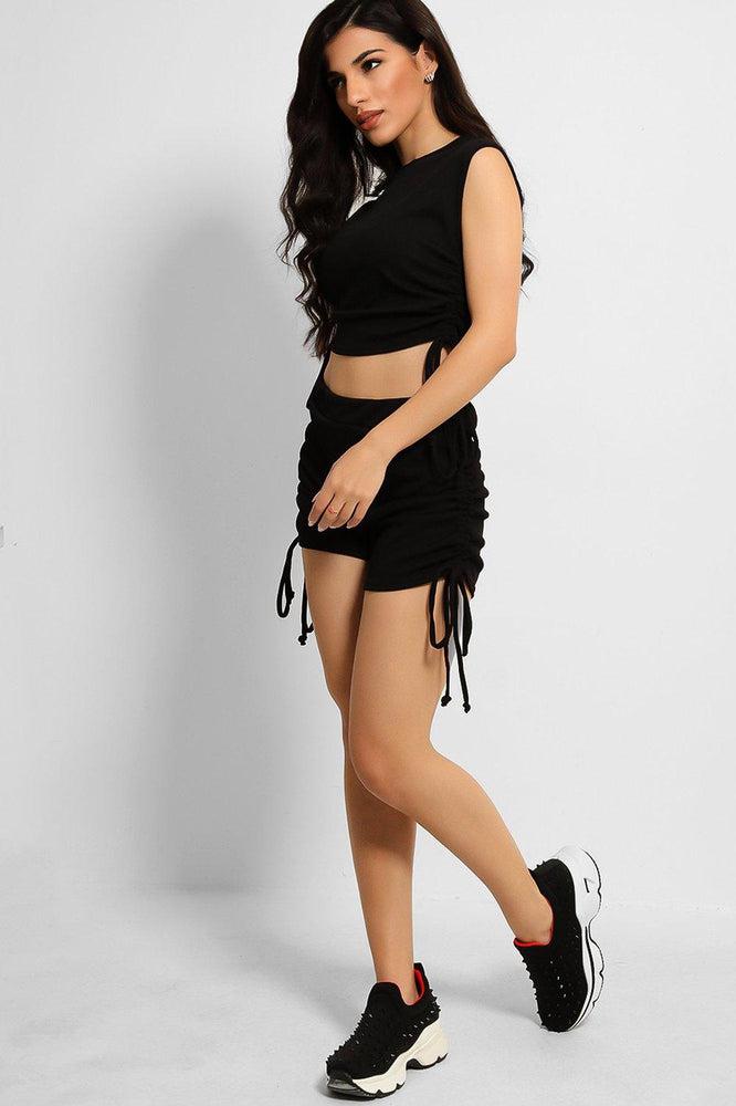 Black Ribbed Sleeveless Top and Shorts Set with Drawstring Ties