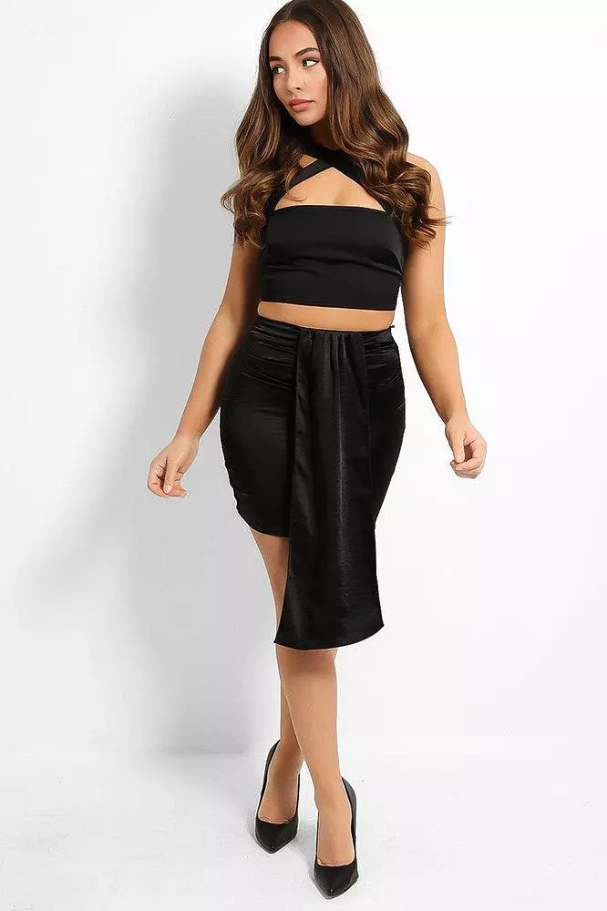 Black Satin Mini Skirt with Drape Detail