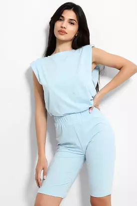 Blue Buttoned Power Shoulder Top and Cycling Shorts Set