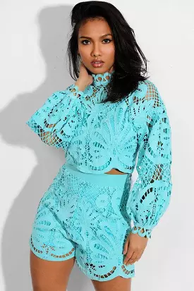 Blue Crochet Lace Overlay Balloon Sleeves Crop Top And Shorts Set