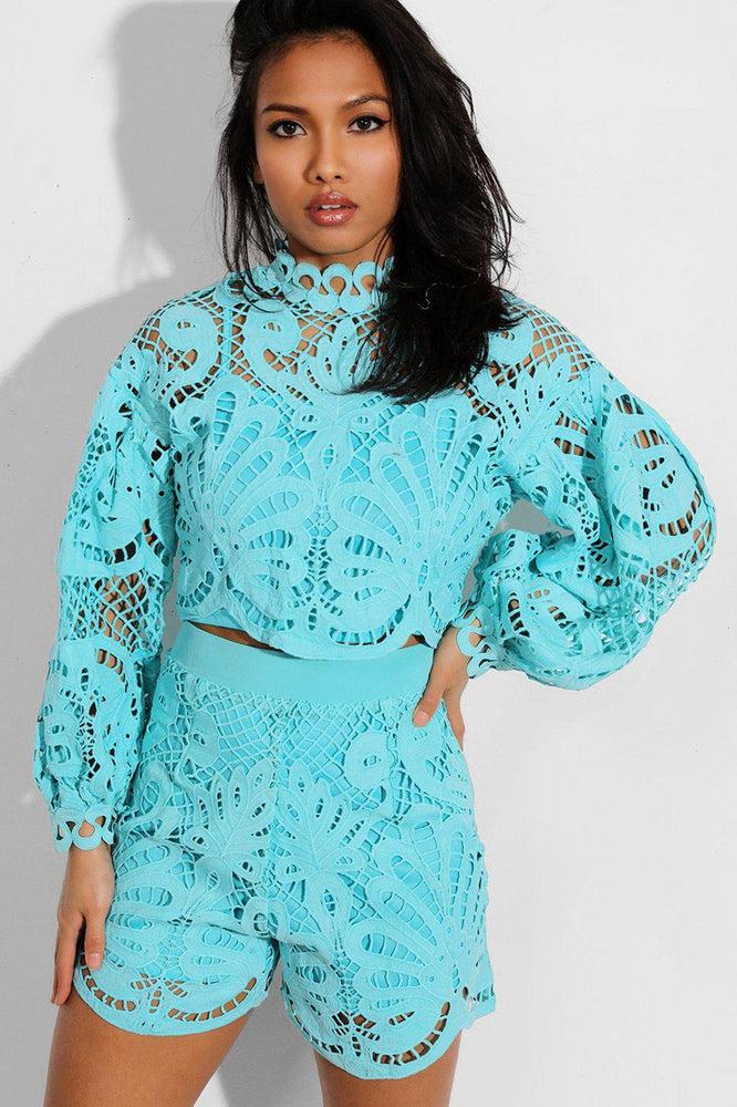 Blue Crochet Lace Overlay Balloon Sleeves Crop Top And Shorts Set