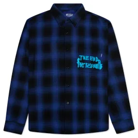 Blue Embroidered Flannel with End and Beginning Design