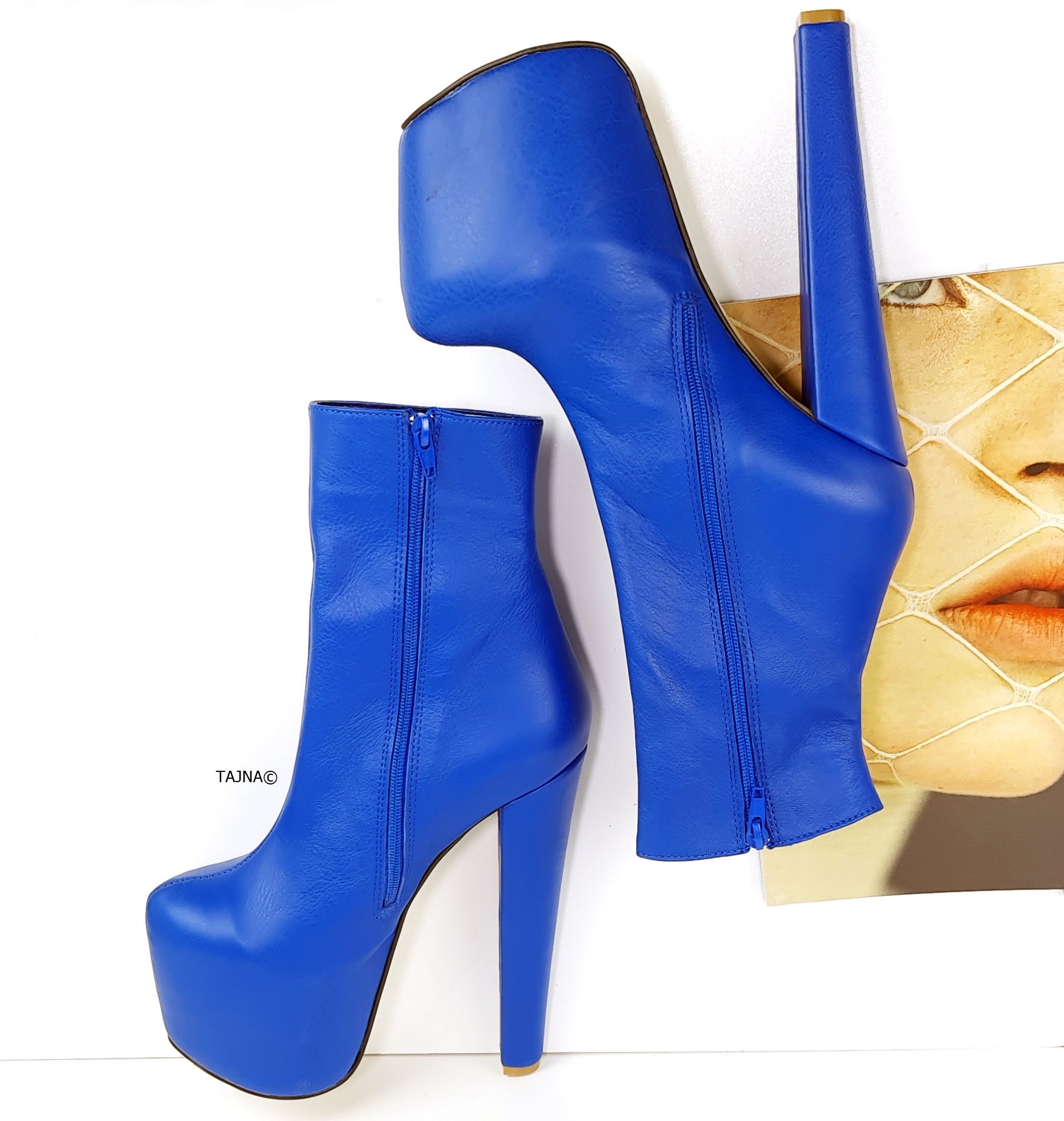 Blue leather high heel boots