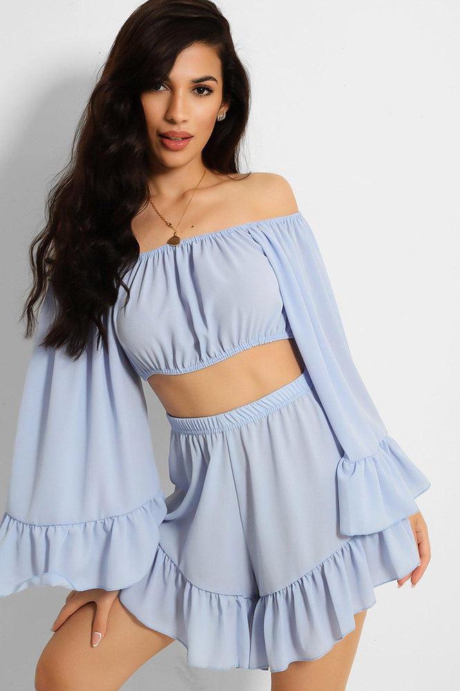 Blue Off Shoulder Crop Top and Shorts with Frill Trim