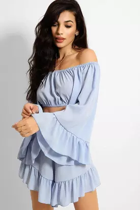 Blue Off Shoulder Crop Top and Shorts with Frill Trim