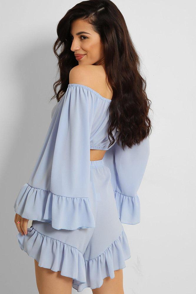 Blue Off Shoulder Crop Top and Shorts with Frill Trim