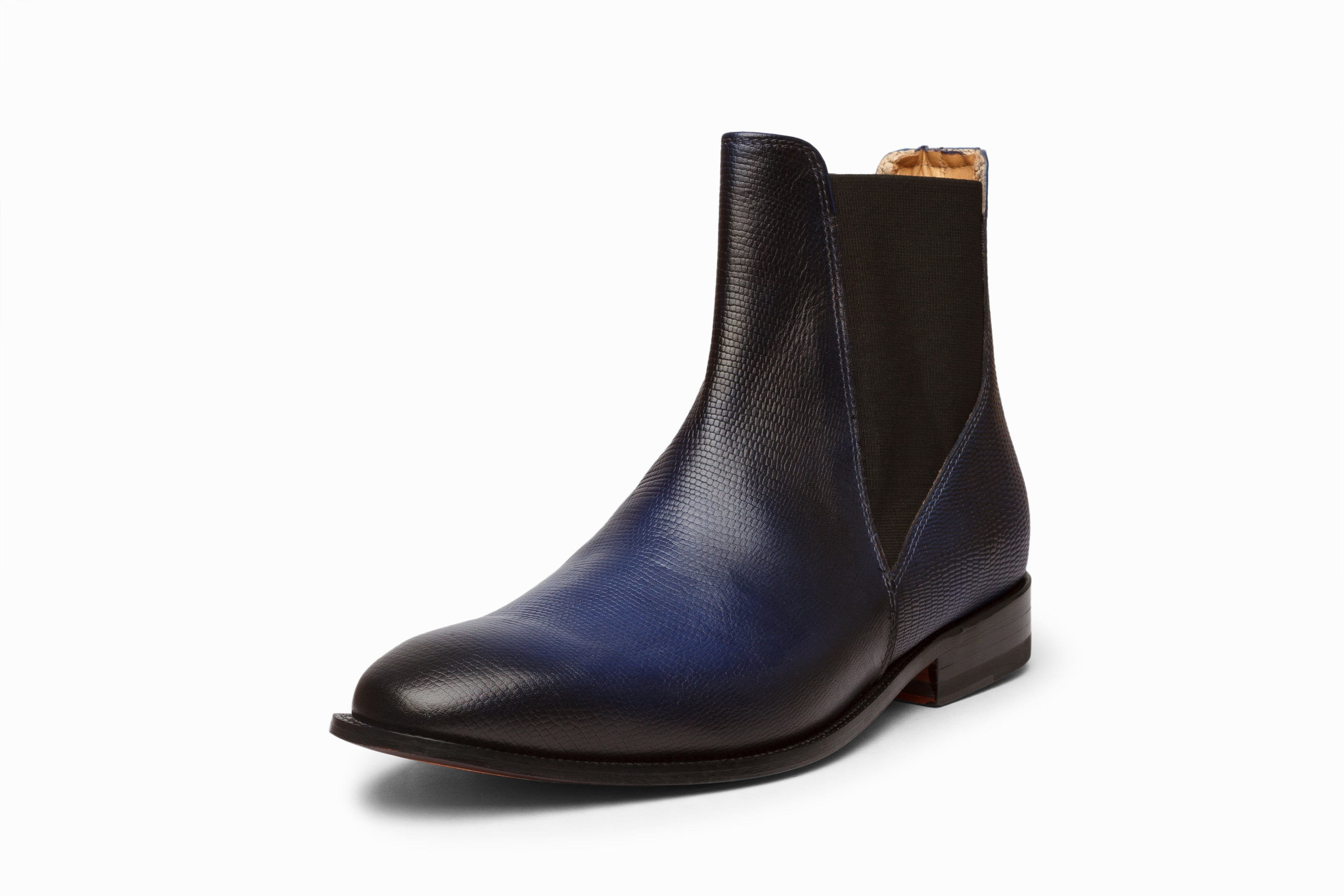 Blue Patina Lizard Skin Print Chelsea Boots