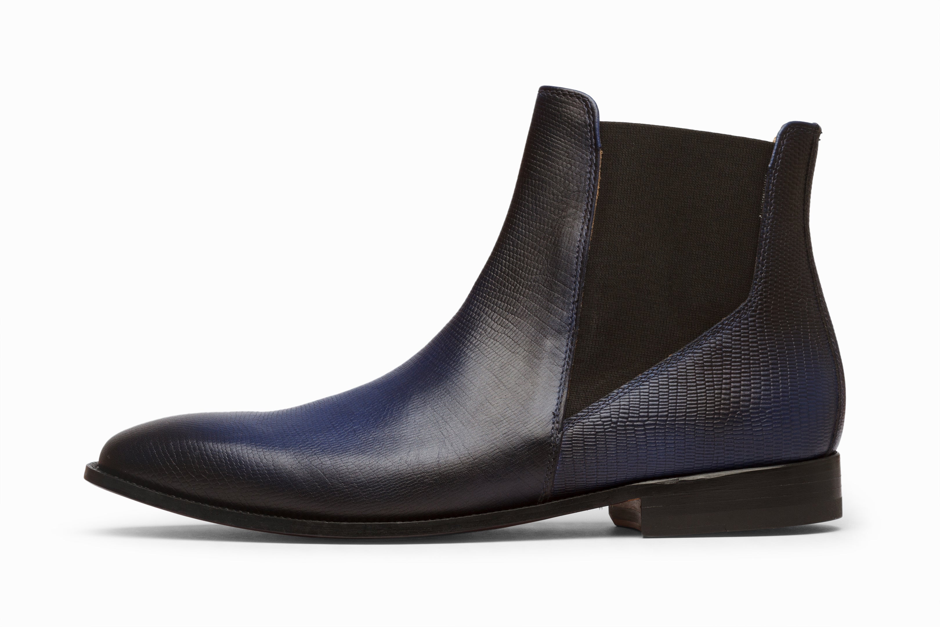 Blue Patina Lizard Skin Print Chelsea Boots