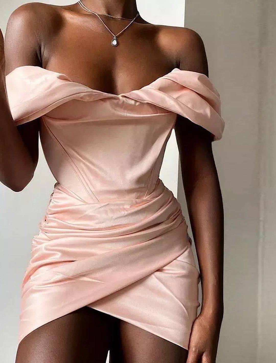 bodycon satin off shoulder mini dress