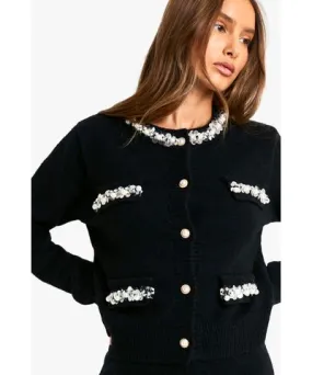 boohoo Boucle Cardigan with Women's Knitted Sequin Detail Trim