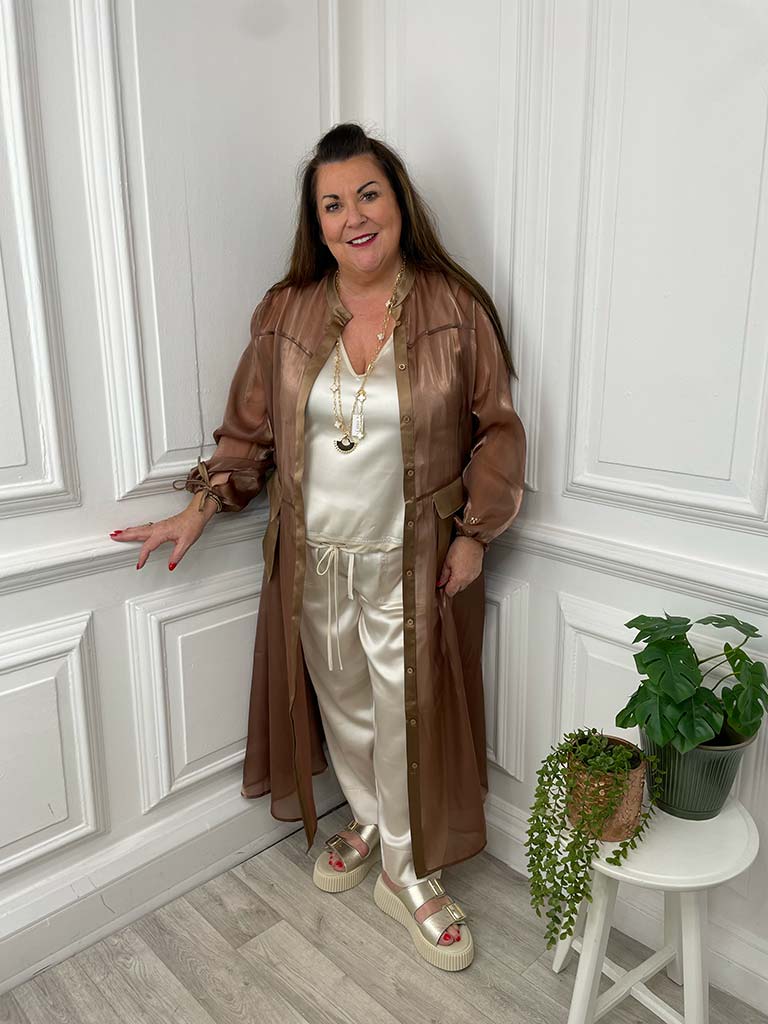 Bronze Satin Pocket Sheer Shirt Dress by Malissa J