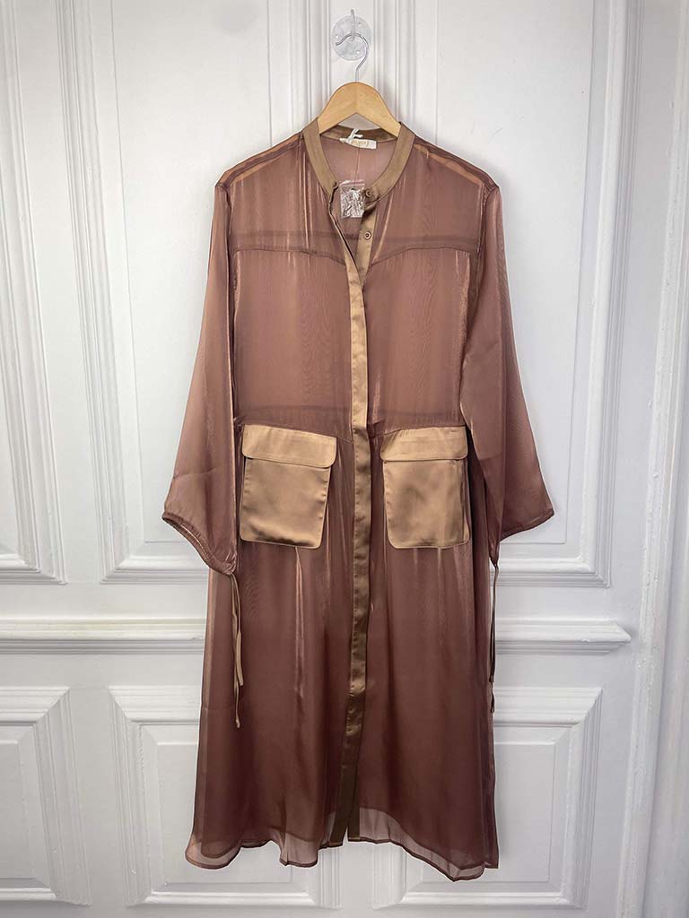 Bronze Satin Pocket Sheer Shirt Dress by Malissa J