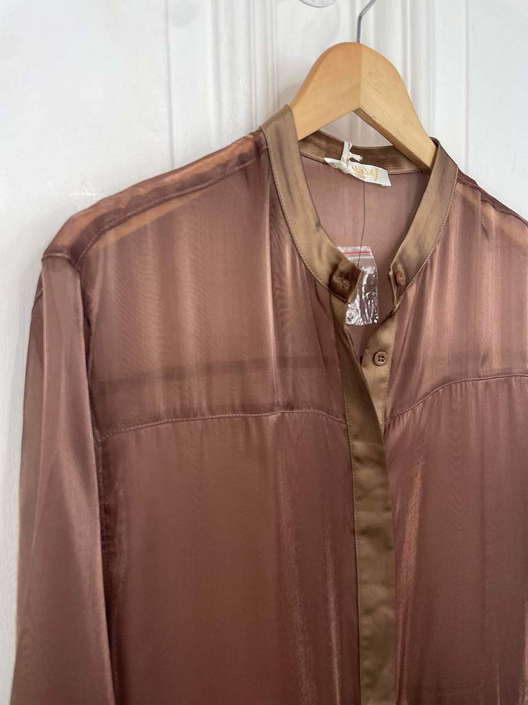 Bronze Satin Pocket Sheer Shirt Dress by Malissa J