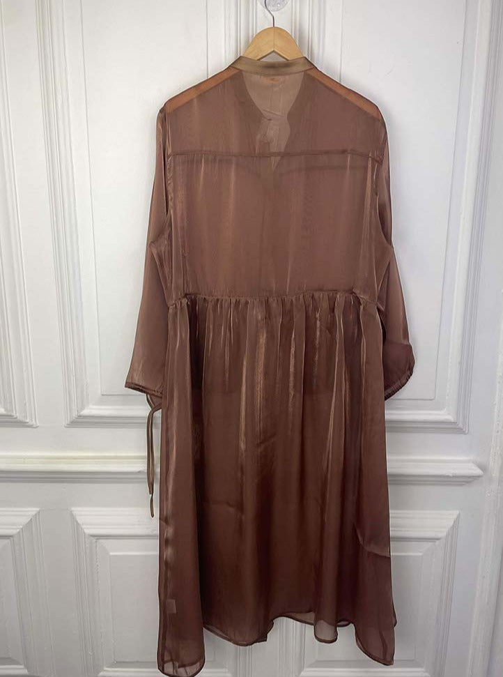 Bronze Satin Pocket Sheer Shirt Dress by Malissa J