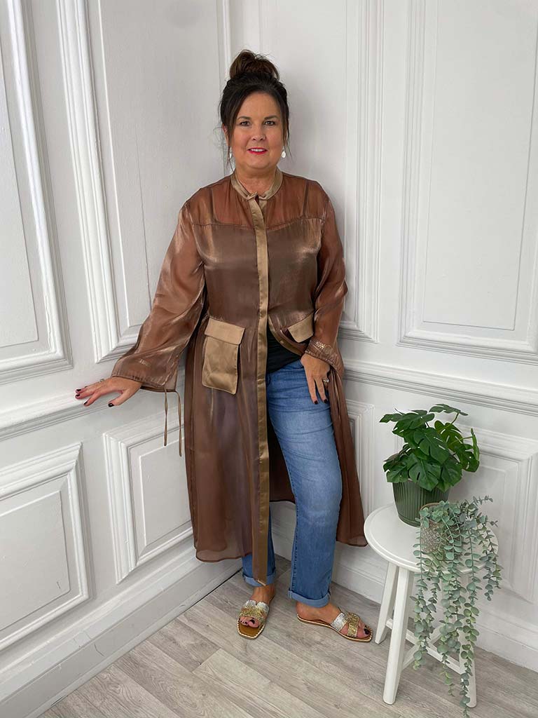 Bronze Satin Pocket Sheer Shirt Dress by Malissa J