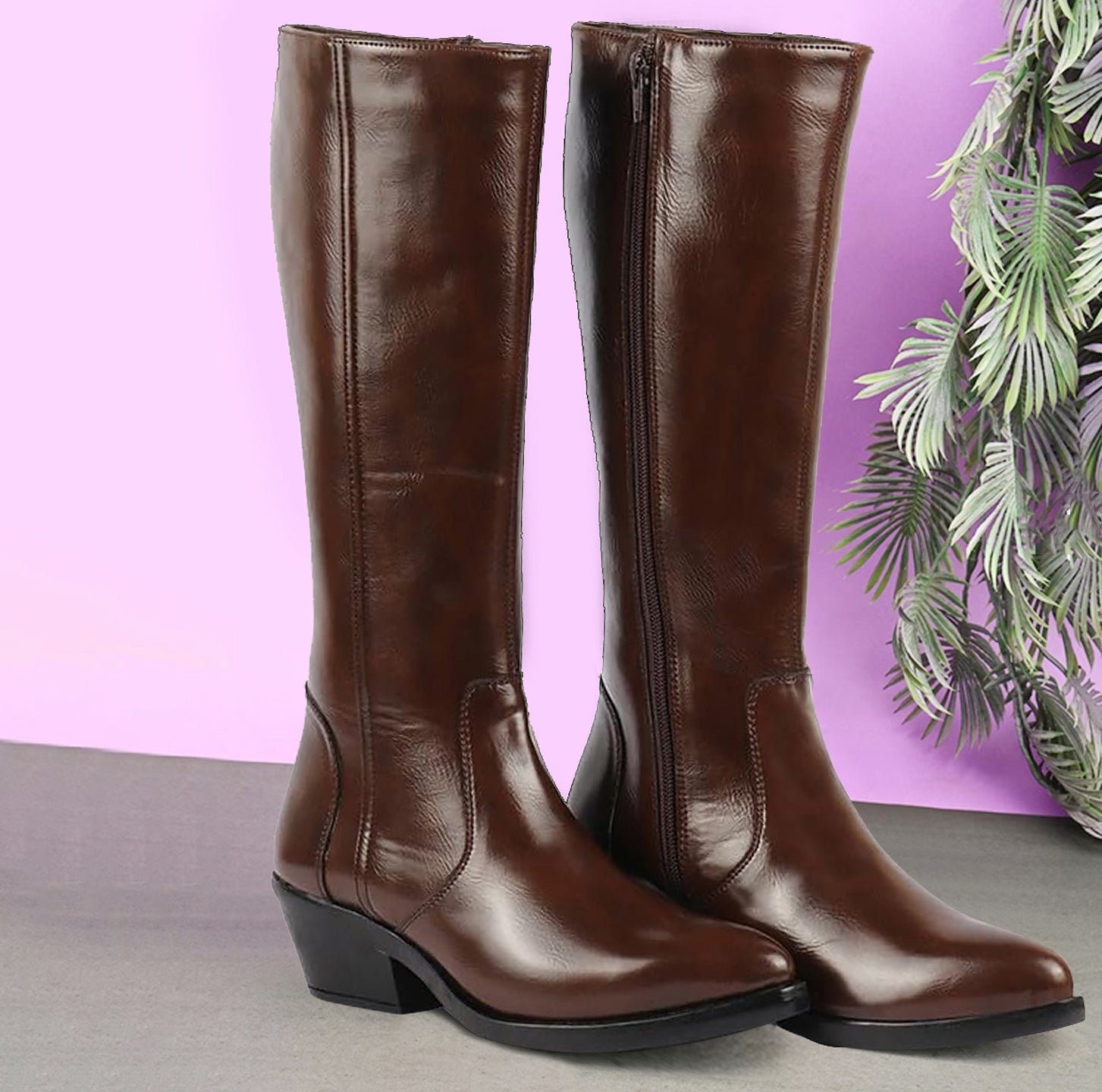 Brown knee length boots for women with side zipper, pointed toe, and flared heel - Result