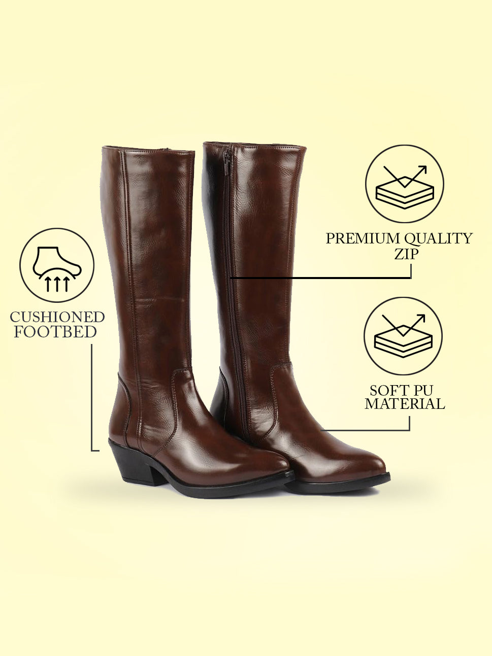 Brown knee length boots for women with side zipper, pointed toe, and flared heel - Result