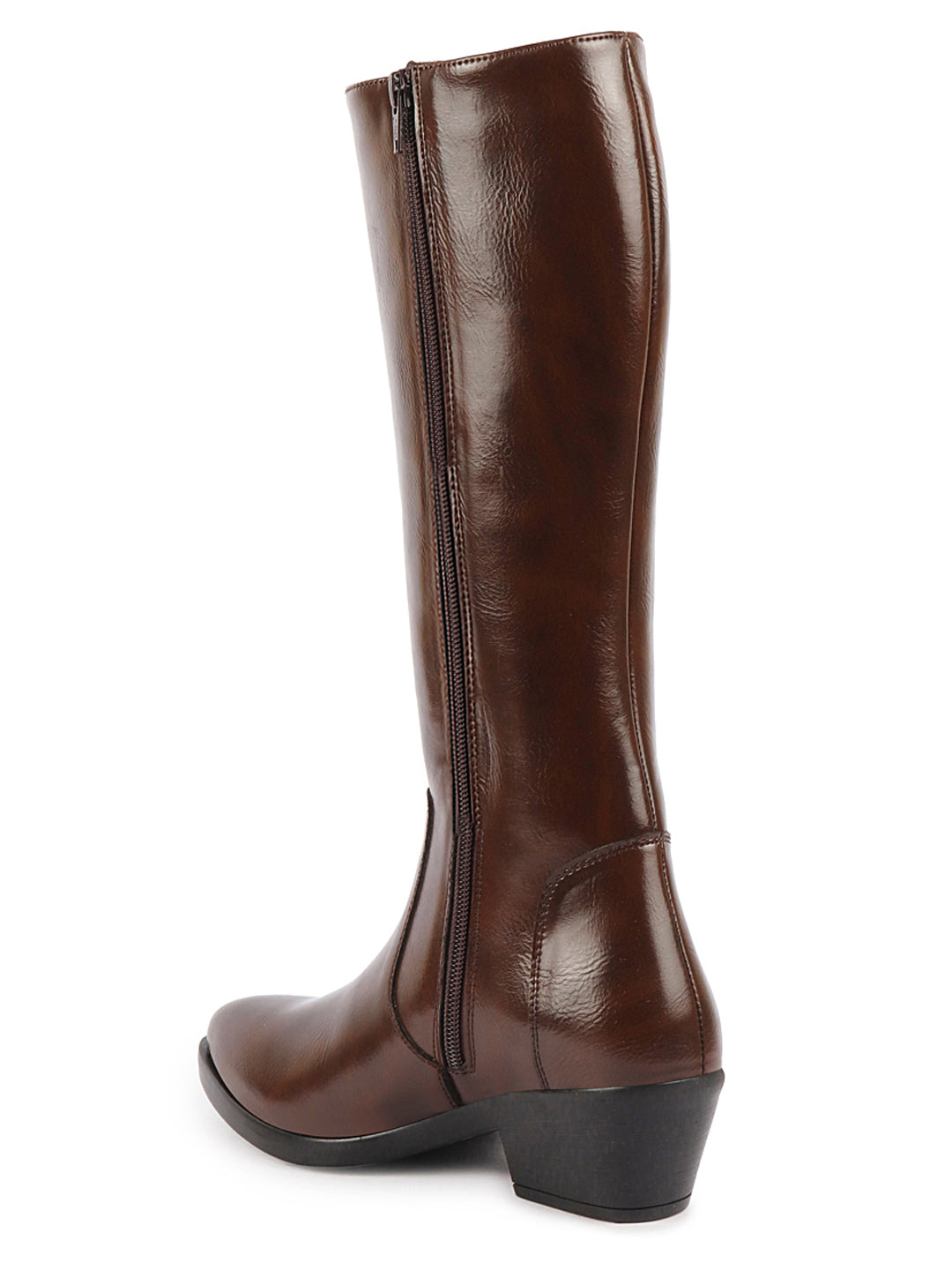 Brown knee length boots for women with side zipper, pointed toe, and flared heel - Result