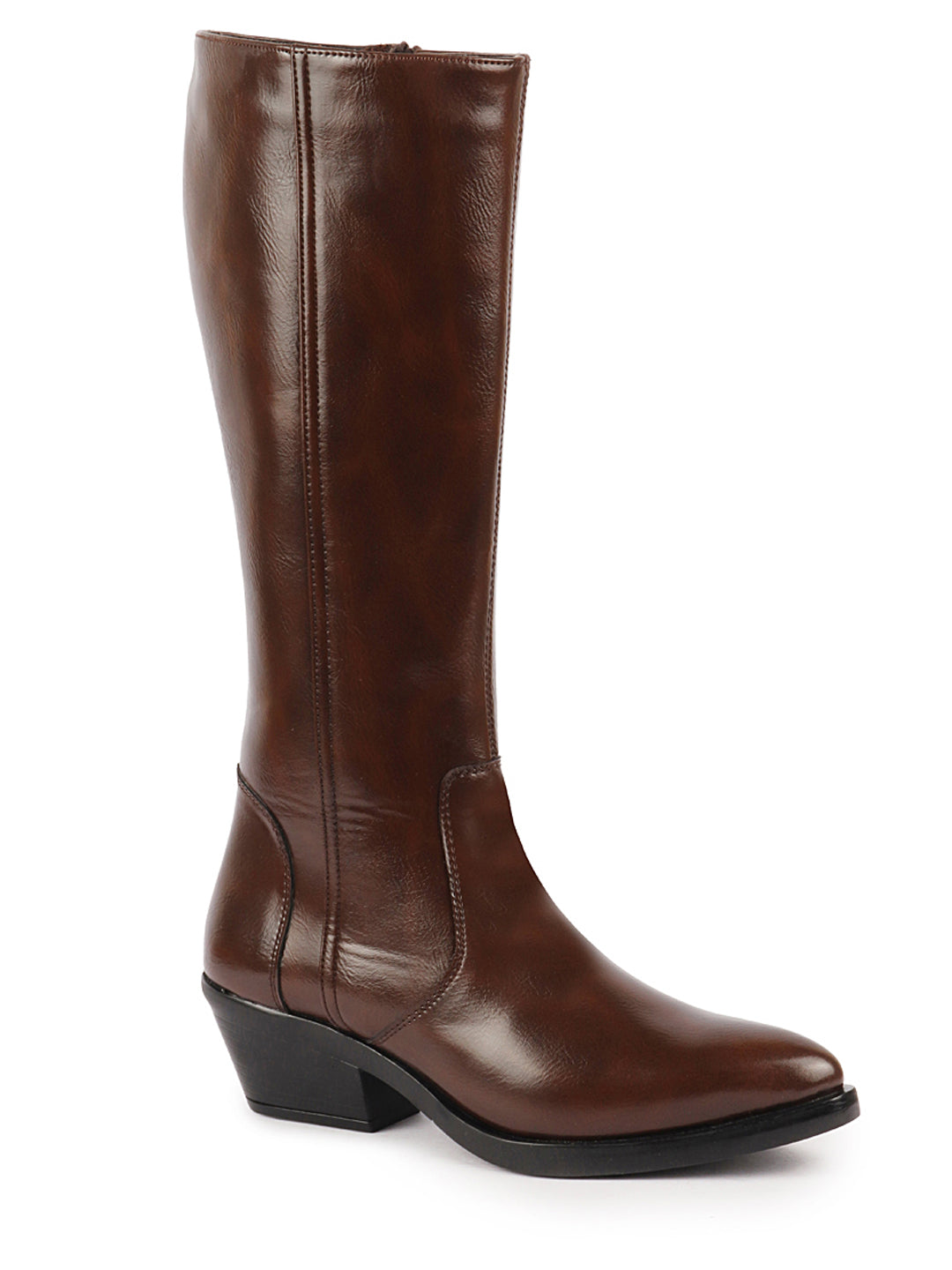 Brown knee length boots for women with side zipper, pointed toe, and flared heel - Result