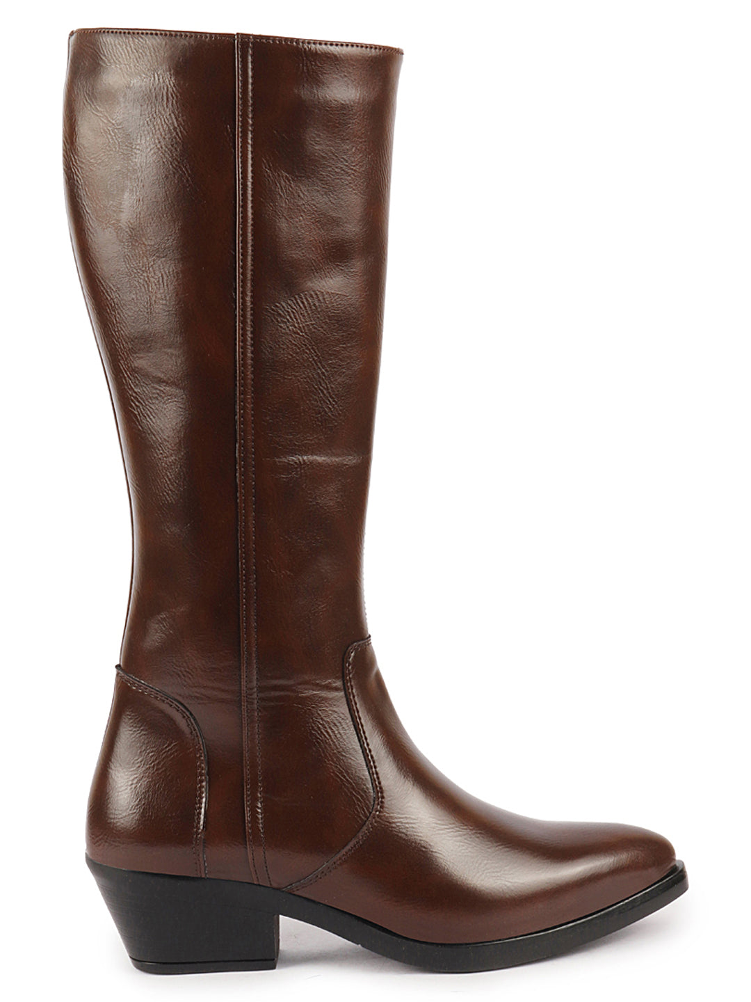 Brown knee length boots for women with side zipper, pointed toe, and flared heel - Result