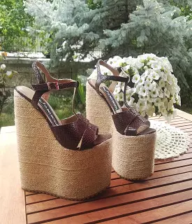 Brown Wedge Espadril Sandals, 20 cm High Heel