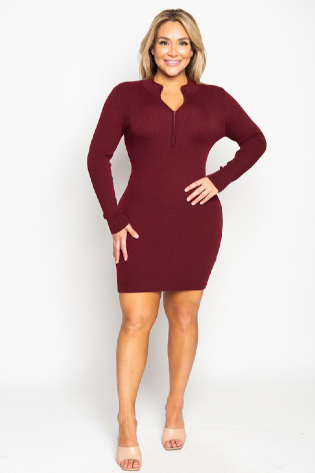 Burgundy Black Zip Front Sweater Dress Top