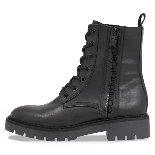 Calvin Klein Black Leather Ankle Boots with Lace-Up Design