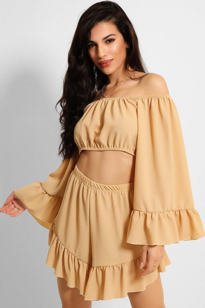 Camel Frill Trim Off Shoulder Set