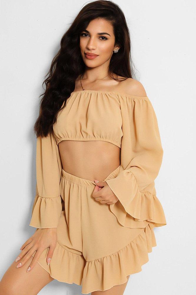 Camel Frill Trim Off Shoulder Set