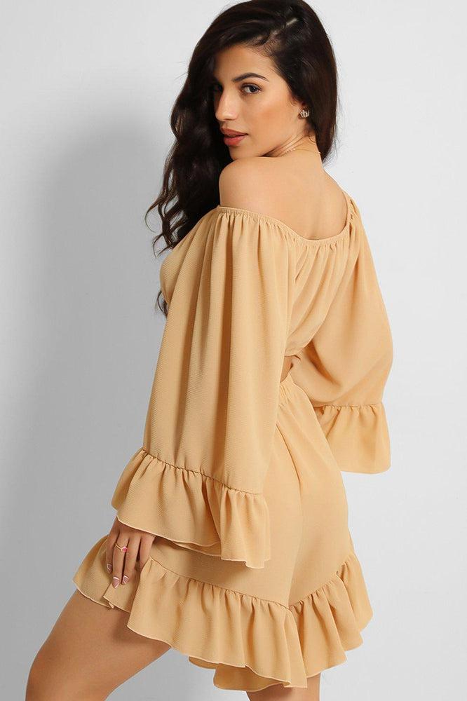 Camel Frill Trim Off Shoulder Set